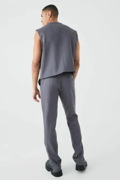 Online boohooMAN Mix & Match Tailored Split Hem Trousers charcoal