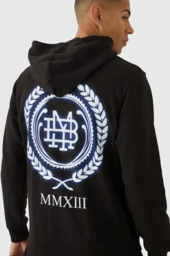 Shop boohooMAN MMXIII Crest Graphic Zip Through Hoodie black