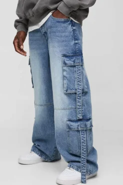 Cheap boohooMAN Multi Pocket Baggy Cargo Jeans light wash
