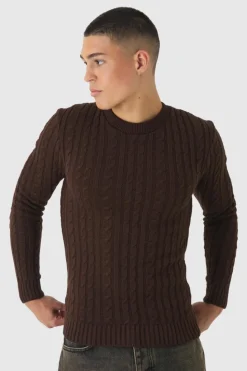 Sale boohooMAN Muscle Fit Cable Knit Jumper chocolate