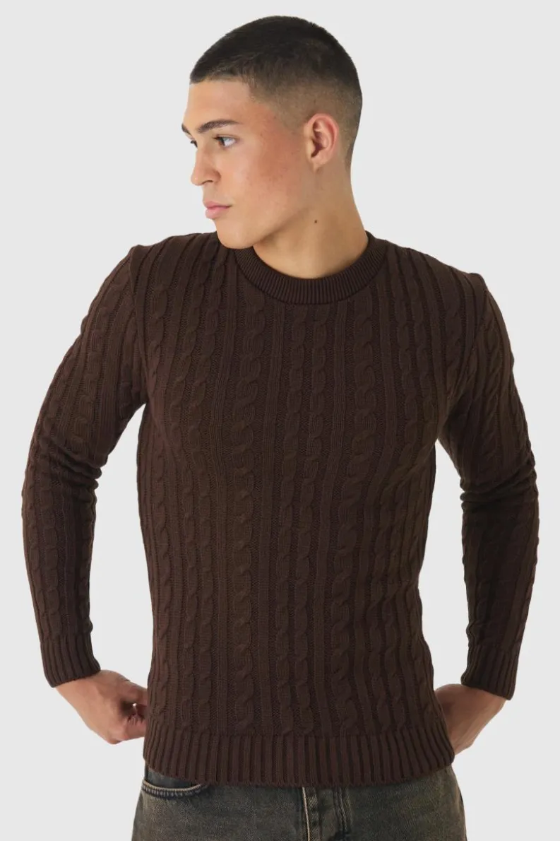 Sale boohooMAN Muscle Fit Cable Knit Jumper chocolate
