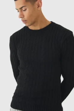 Store boohooMAN Muscle Fit Cable Knit Jumper black
