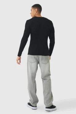 Store boohooMAN Muscle Fit Cable Knit Jumper black