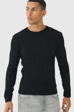 Store boohooMAN Muscle Fit Cable Knit Jumper black