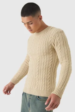 Clearance boohooMAN Muscle Fit Cable Knit Jumper sand