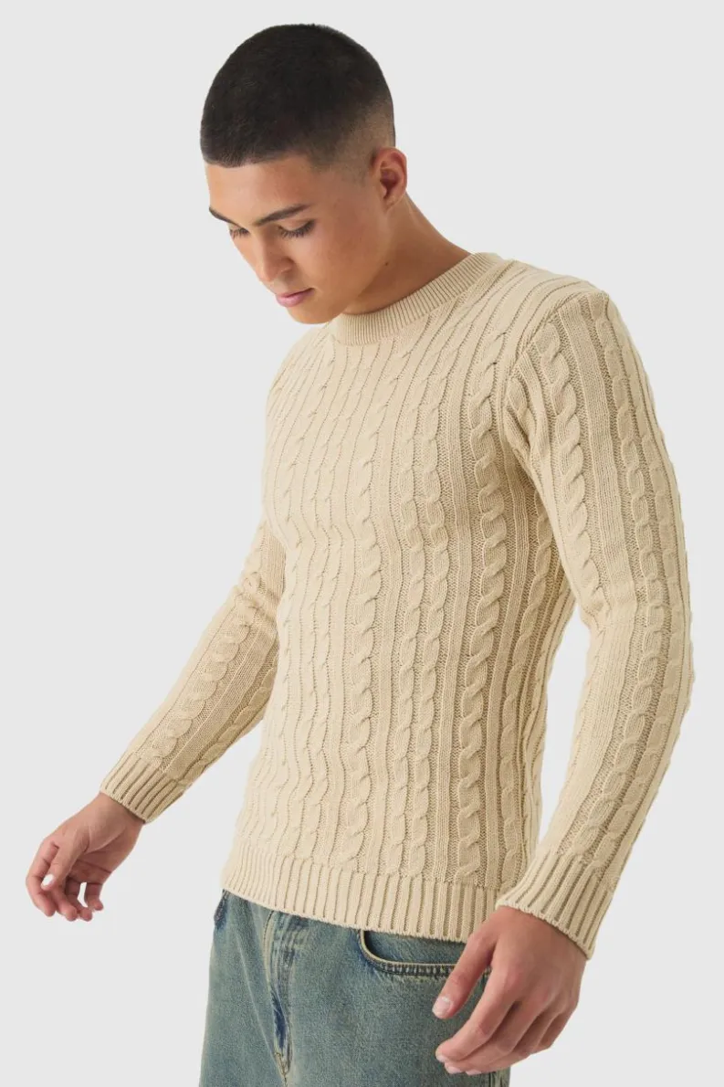 Clearance boohooMAN Muscle Fit Cable Knit Jumper sand