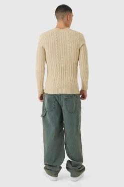 Clearance boohooMAN Muscle Fit Cable Knit Jumper sand