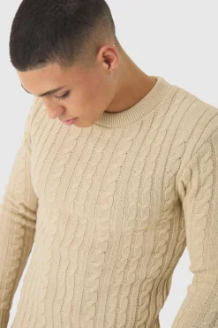 Clearance boohooMAN Muscle Fit Cable Knit Jumper sand