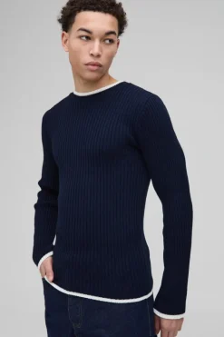 Clearance boohooMAN Muscle Fit Contrast Colour Long Sleeve Knitted Jumper navy