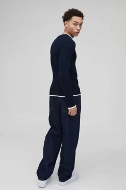 Clearance boohooMAN Muscle Fit Contrast Colour Long Sleeve Knitted Jumper navy