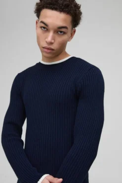Clearance boohooMAN Muscle Fit Contrast Colour Long Sleeve Knitted Jumper navy