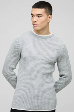 Outlet boohooMAN Muscle Fit Contrast Colour Long Sleeve Knitted Jumper grey