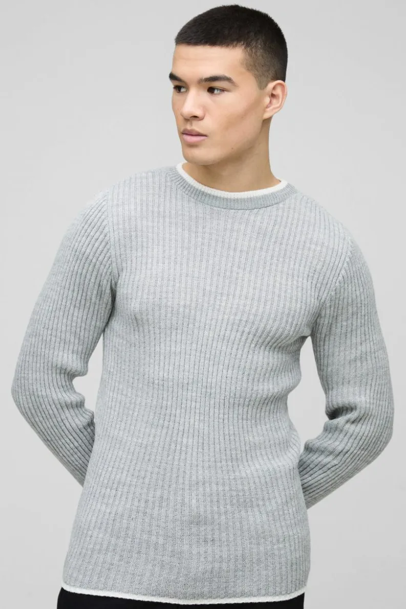 Outlet boohooMAN Muscle Fit Contrast Colour Long Sleeve Knitted Jumper grey