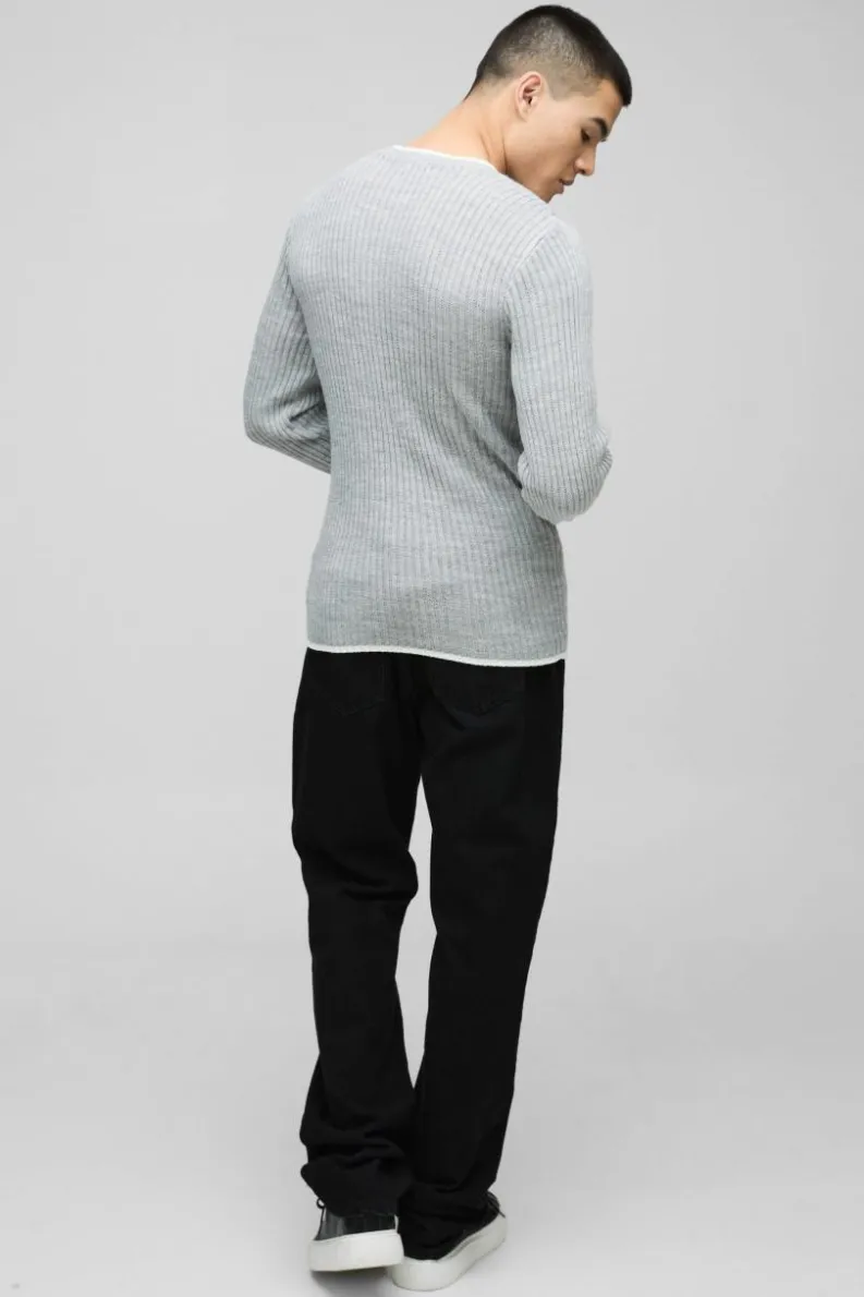 Outlet boohooMAN Muscle Fit Contrast Colour Long Sleeve Knitted Jumper grey