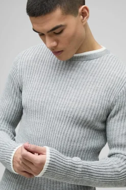 Outlet boohooMAN Muscle Fit Contrast Colour Long Sleeve Knitted Jumper grey
