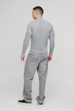 Hot boohooMAN Muscle Fit Open Stitch Cross Graphic Long Sleeve Knitted T-Shirt grey