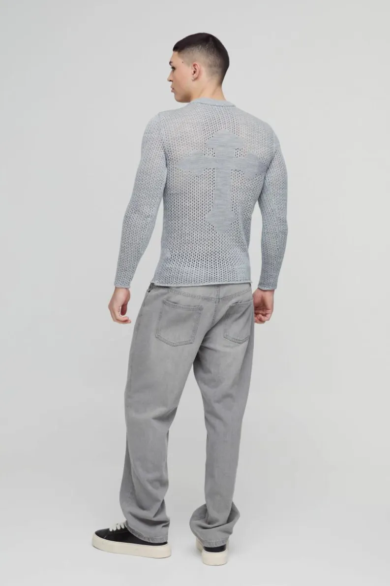 Hot boohooMAN Muscle Fit Open Stitch Cross Graphic Long Sleeve Knitted T-Shirt grey