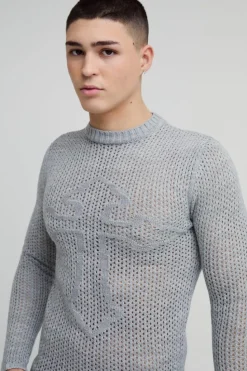 Hot boohooMAN Muscle Fit Open Stitch Cross Graphic Long Sleeve Knitted T-Shirt grey