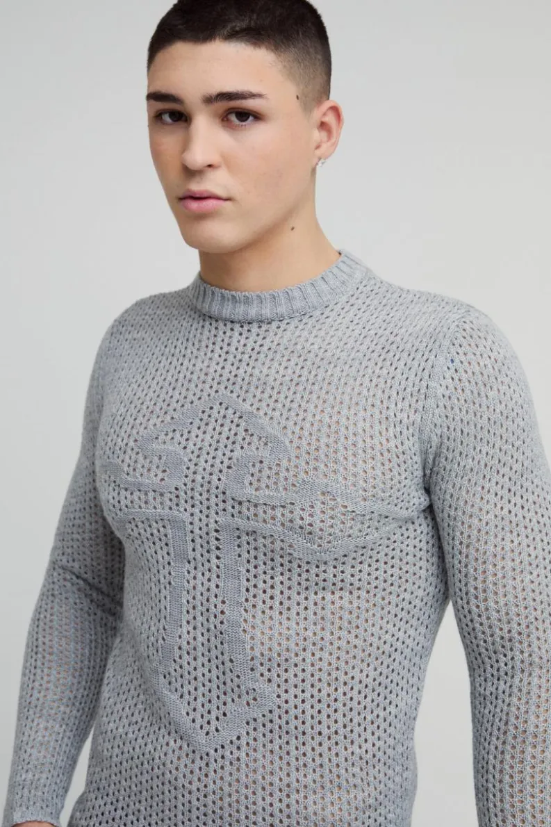 Hot boohooMAN Muscle Fit Open Stitch Cross Graphic Long Sleeve Knitted T-Shirt grey