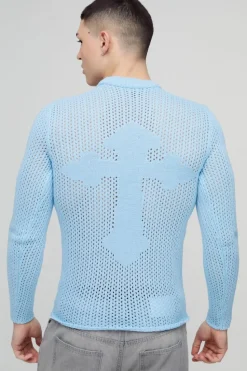 Outlet boohooMAN Muscle Fit Open Stitch Cross Graphic Long Sleeve Knitted T-Shirt blue