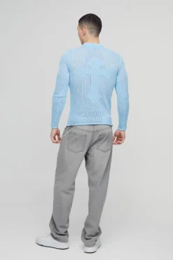 Outlet boohooMAN Muscle Fit Open Stitch Cross Graphic Long Sleeve Knitted T-Shirt blue
