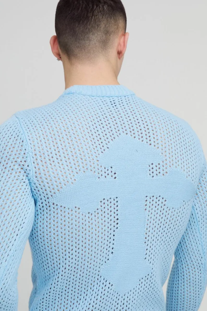 Outlet boohooMAN Muscle Fit Open Stitch Cross Graphic Long Sleeve Knitted T-Shirt blue
