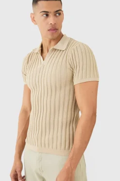 Sale boohooMAN Muscle Fit Revere Ribbed Knit Polo stone