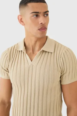 Sale boohooMAN Muscle Fit Revere Ribbed Knit Polo stone