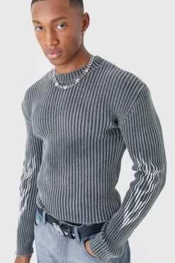 Discount boohooMAN Muscle Fit Ribbed Acid Wash Knit Jumper black