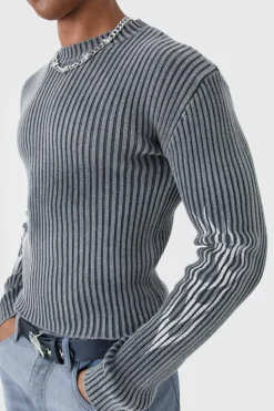 Discount boohooMAN Muscle Fit Ribbed Acid Wash Knit Jumper black