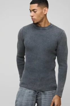 Best boohooMAN Muscle Fit Ribbed Acid Wash Knitted Jumper charcoal