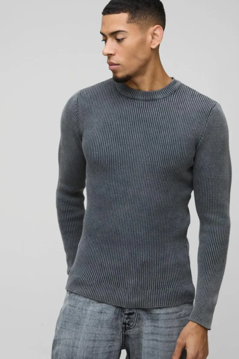 Best boohooMAN Muscle Fit Ribbed Acid Wash Knitted Jumper charcoal