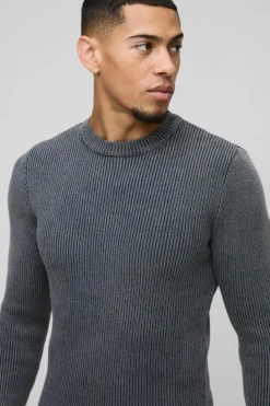 Best boohooMAN Muscle Fit Ribbed Acid Wash Knitted Jumper charcoal