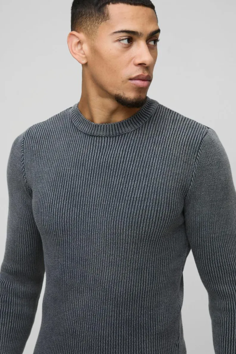 Best boohooMAN Muscle Fit Ribbed Acid Wash Knitted Jumper charcoal