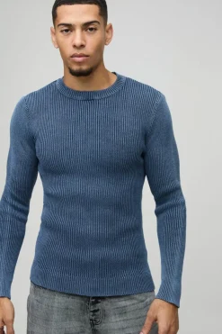 Sale boohooMAN Muscle Fit Ribbed Acid Wash Ribbed Knitted Jumper blue