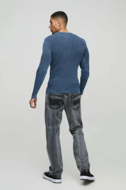 Sale boohooMAN Muscle Fit Ribbed Acid Wash Ribbed Knitted Jumper blue