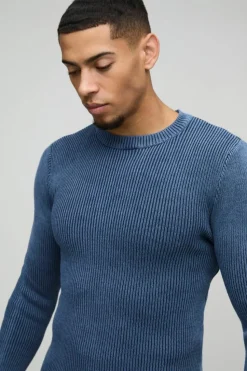 Sale boohooMAN Muscle Fit Ribbed Acid Wash Ribbed Knitted Jumper blue