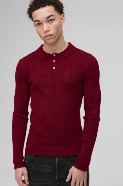 Best boohooMAN Muscle Fit Ribbed Button Neck Knitted Polo burgundy