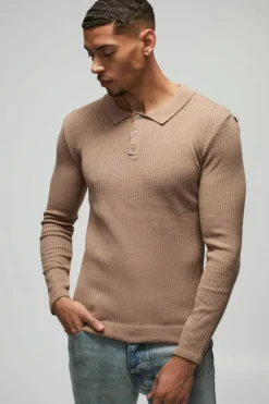 Fashion boohooMAN Muscle Fit Ribbed Button Neck Knitted Polo taupe
