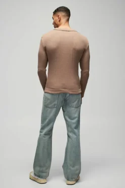 Fashion boohooMAN Muscle Fit Ribbed Button Neck Knitted Polo taupe