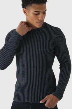 Flash Sale boohooMAN Muscle Fit Ribbed Knit Jumper black