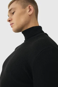 Hot boohooMAN Muscle Fit Ribbed Knit Roll Neck Jumper In black
