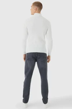 Discount boohooMAN Muscle Fit Ribbed Knit Roll Neck Jumper In white