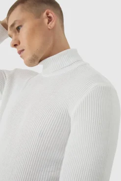 Discount boohooMAN Muscle Fit Ribbed Knit Roll Neck Jumper In white