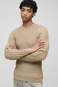 Hot boohooMAN Muscle Fit Ribbed Long Sleeve Jumper stone