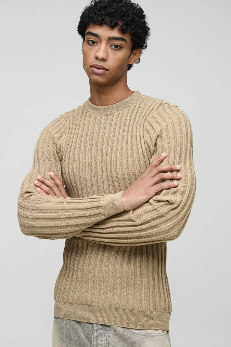 Hot boohooMAN Muscle Fit Ribbed Long Sleeve Jumper stone