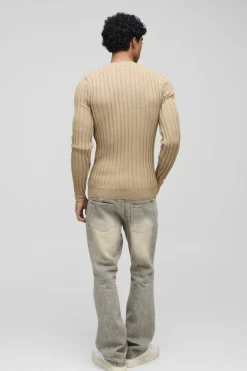 Hot boohooMAN Muscle Fit Ribbed Long Sleeve Jumper stone