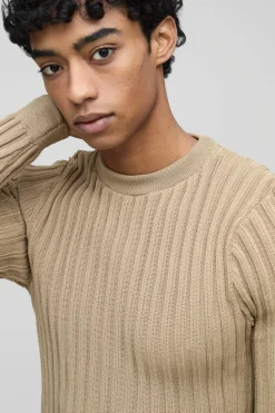 Hot boohooMAN Muscle Fit Ribbed Long Sleeve Jumper stone