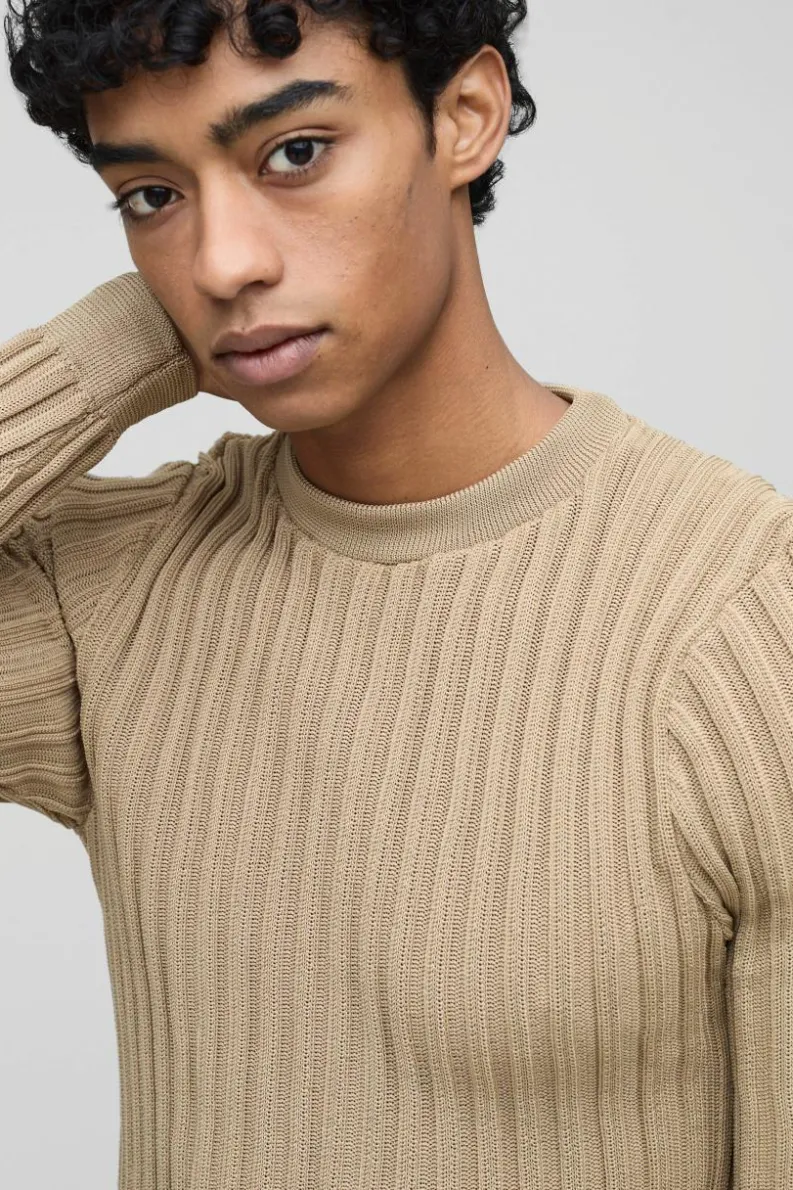 Hot boohooMAN Muscle Fit Ribbed Long Sleeve Jumper stone