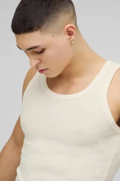 Clearance boohooMAN Muscle Fit Ribbed Vest ecru